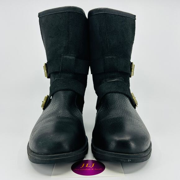 Sorel Women's Major Moto Black Leather Red Plaid Lined Boots NL2432-010 Size 9 - Picture 2 of 11